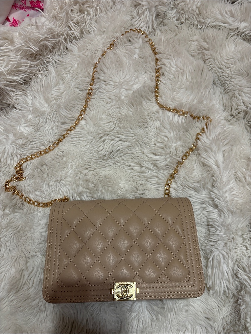 Quilted Beige Crossbody Bag with Gold Chain